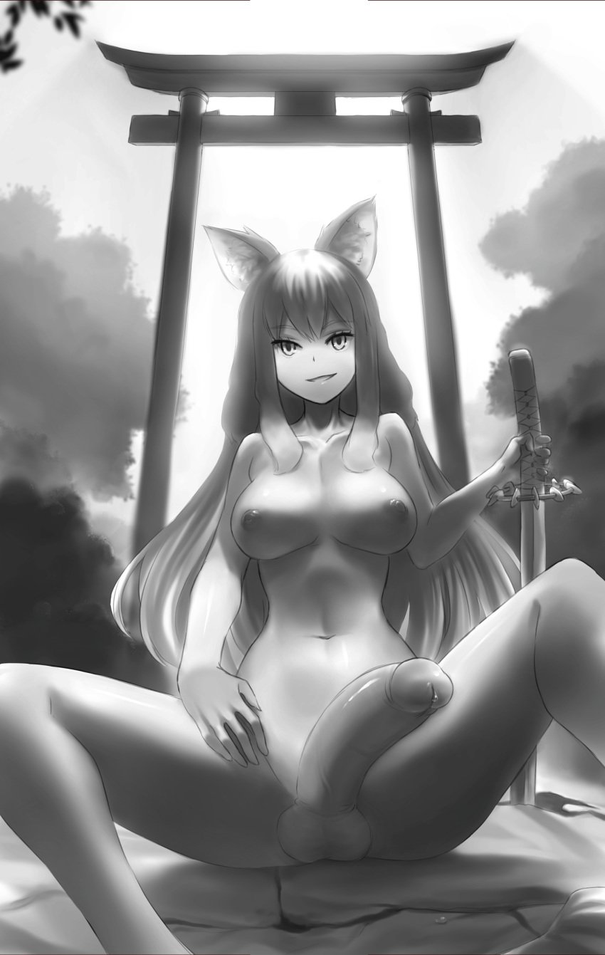 1futa animal_humanoid balls big_breasts big_penis bodily_fluids breasts canid canid_humanoid canine canine_humanoid day detailed_background erection fate/grand_order fate_(series) fox_humanoid futa_only futanari genital_fluids genitals greyscale gynomorph hair hi_res holding_object holding_sword holding_weapon humanoid humanoid_genitalia humanoid_penis inner_ear_fluff intersex jiffic katana light light_skin long_hair looking_at_viewer mammal mammal_humanoid melee_weapon monochrome navel nipples nude on_ground outside penis precum presenting presenting_penis sitting sky smile solo spread_legs spreading sunlight suzuka_gozen_(fate) sword torii tree tuft weapon