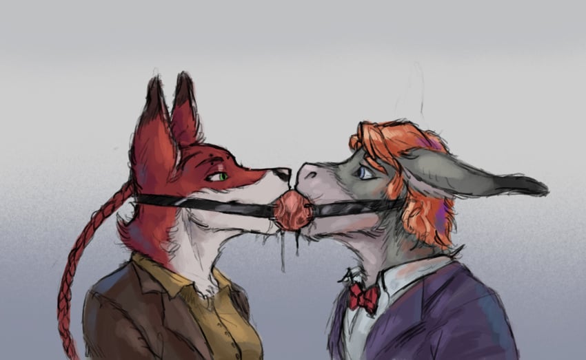 absurd_res anthro asinus bodily_fluids bondage bound bound_together bow_tie canid canine clothing cobondage cock_gag donkey drooling duo embarrassed equid equine eyebrow_piercing eyebrow_ring facial_piercing fox fur gag grey_body grey_fur gynomorph hair hi_res humanoid hybrid intersex intersex/male looking_at_another looking_at_partner looking_pleasured main_bladewing male male/male mammal maude_richards maya_bladewing medieval_clothing mule nervous orange_hair painting_(artwork) piercing purple_clothing red_body red_fox red_hair ring_piercing saliva sharing_double_dildo sharing_sex_toy submissive_male traditional_media_(artwork) true_fox