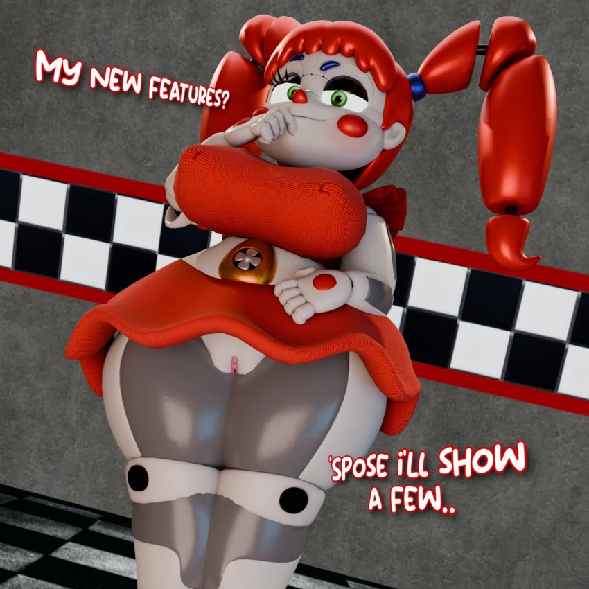 3d animatronic baby_(fnafsl) breasts circus_baby circus_baby_(fnaf) circus_booby five_nights_at_freddy's five_nights_at_freddy's:_security_breach five_nights_at_freddy's:_sister_location green_eyes jordevoir pussy red_eyes robot robot_girl skirt text thick_thighs thighs twintails