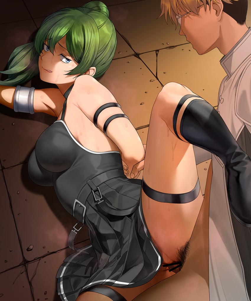 1boy arm_grab arm_held_back arm_strap armlet bar_censor bare_shoulders belt black_belt black_choker black_dress blonde_hair blue_eyes blush breasts censored choker closed_mouth commentary_request dress female from_above glasses green_hair hair_between_eyes highres initial-g land_(sousou_no_frieren) leg_up licking_lips long_hair looking_at_another male_pubic_hair penis pleated_dress pubic_hair short_hair side_ponytail smile solo_focus sousou_no_frieren spread_legs straight sweat thigh_strap tongue tongue_out ubel_(sousou_no_frieren) vaginal_penetration variant_set