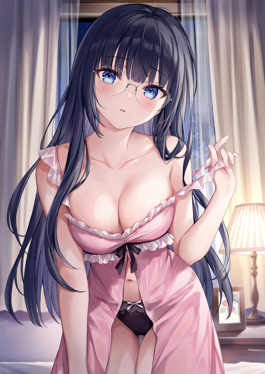 1girls absurdres babydoll bedroom black_hair black_panties blue_eyes blunt_bangs blush breasts cleavage collarbone curtains glasses higeneko highres indoors lamp long_hair looking_at_viewer medium_breasts navel night original panties parted_lips picture_frame pink_babydoll second-party_source solo strap_pull underwear window