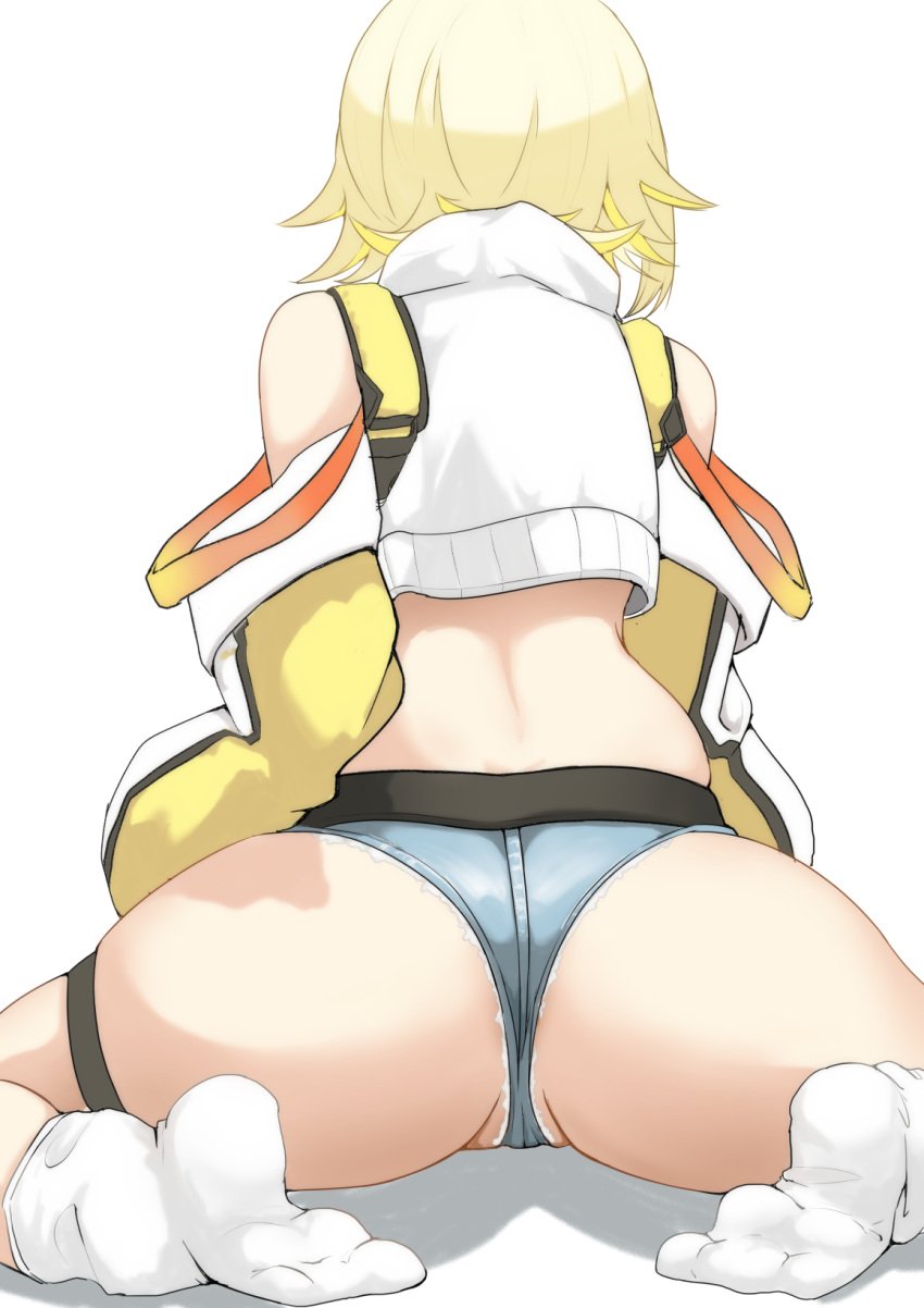 1girls ass ass_focus back bare_shoulders blonde_hair blue_shorts crop_top elegg_(nikke) foguma from_behind goddess_of_victory:_nikke hi_res kneeling medium_hair no_shoes short_shorts simple_background solo solo_female thigh_strap two_tone_hair white_background