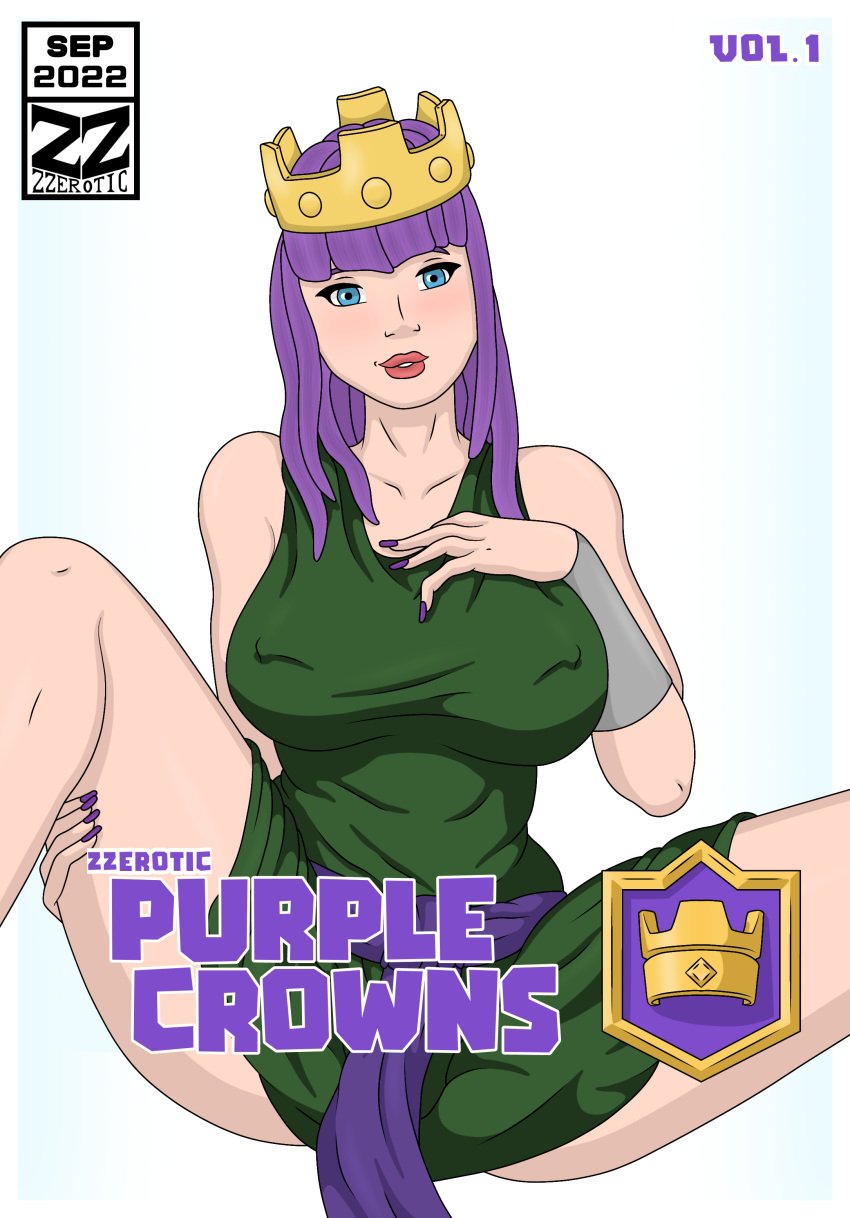 1girls 2022 archer_queen_(clash_of_clans) artist_logo artist_name artist_signature belt big_breasts blue_eyes breast_grab breast_squeeze breasts clash_(series) clash_of_clans clash_royale clothed clothing comic comic_page crown english english_text eyelashes female female_only hand_on_breast hand_on_leg long_hair looking_at_viewer milf nipples open_eyes open_mouth purple_hair red_lipstick simple_background smile smiling smiling_at_viewer spread_legs text volume_1 voluptuous zzerotic