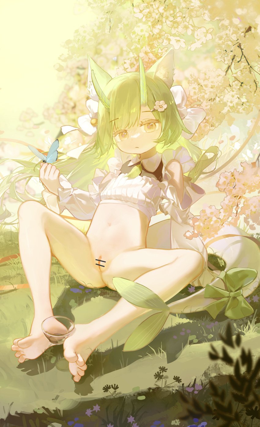 absurdres animal_ear_fluff animal_ears bar_censor barefoot bottomless bow bug butterfly butterfly_on_hand cat_ears cat_girl censored closed_mouth clothing_cutout commentary crop_top detached_sleeves feet female flower full_body grass green_hair green_tail hair_flower hair_ornament hairbow hand_up highres holding_with_feet horns large_variant_set legs long_hair long_sleeves looking_at_viewer midriff navel neko_blow on_ground original outdoors pussy sandals shirt shoes sitting soles solo symbol-only_commentary tail tail_bow tail_ornament toenails toes unworn_sandals unworn_shoes variant_set white_shirt yellow_eyes