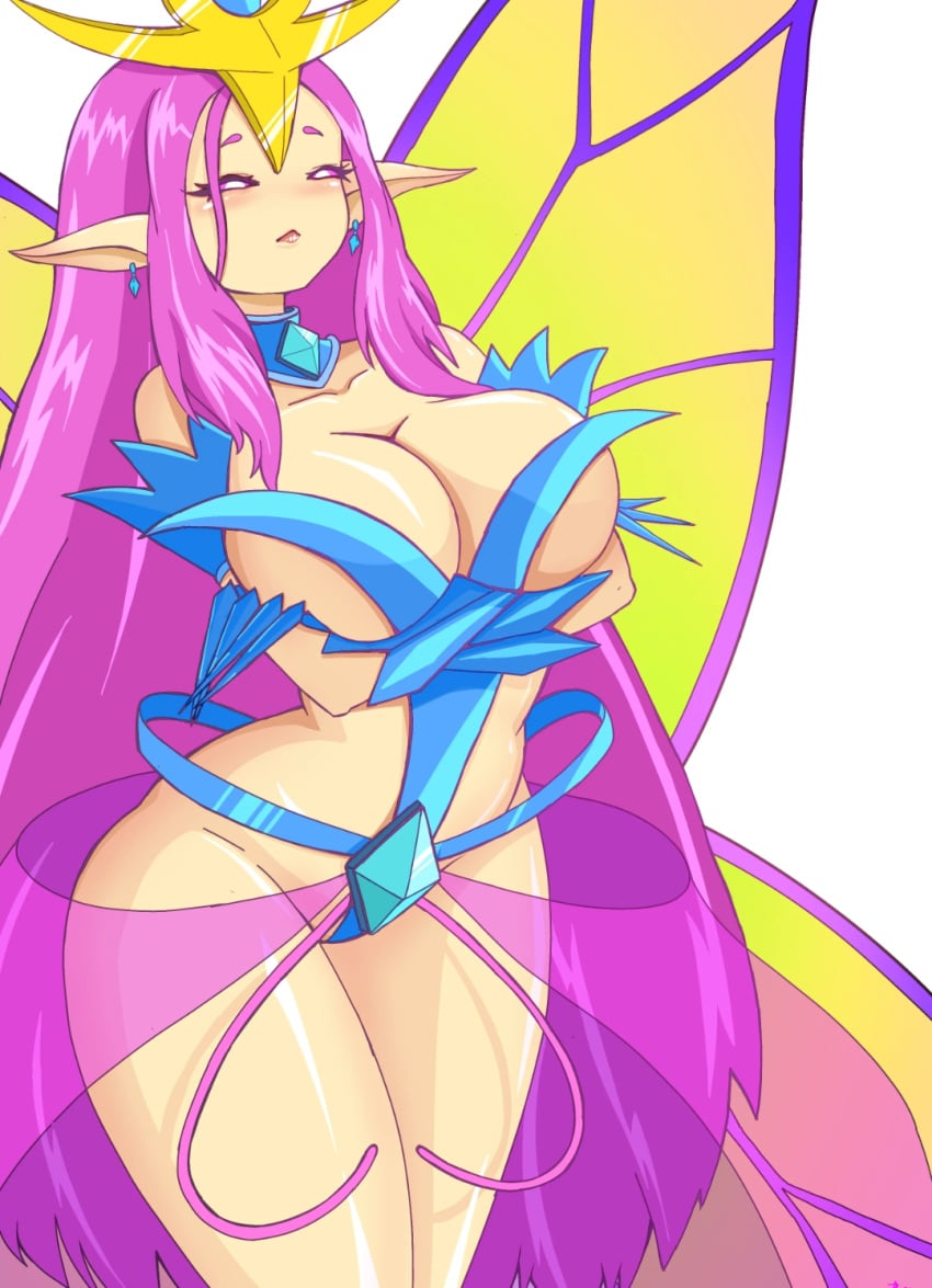 arms_under_breasts artist_request big_breasts blue_outfit blush butterfly_wings clothing collar covering_breasts crossed_arms crown crystals curves curvy curvy_figure curvy_hips cute cute_female elf_ears empress_of_light gemstone gemstones goddess light_blush long_nails pink_hair pink_sclera sfw sharp_nails suggestive taller_girl tendrils terraria thick thick_thighs tiara voluptuous voluptuous_female white_eyes wings yellow_body