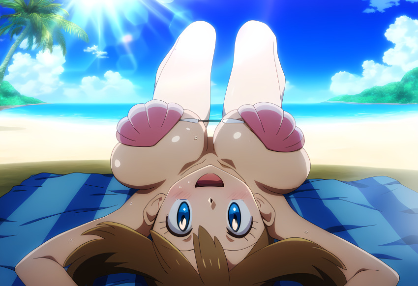 1girls accurate_art_style ai_generated alluring bare_legs beach big_breasts bikini blue_eyes blue_sky brown_hair cleavage looking_back_at_viewer may_(pokemon) mayday_(artist) nintendo ocean pokemon pokemon_rse_(anime) posing