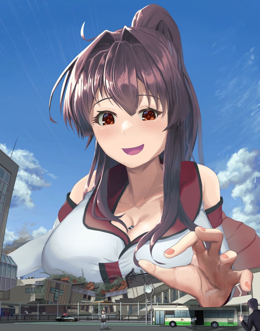 1girls bigsis_iyashi brown_hair city cleavage destruction giantess huge_breasts kantai_collection macro on_stomach open_mouth ponytail red_eyes smile yamato_(kantai_collection)