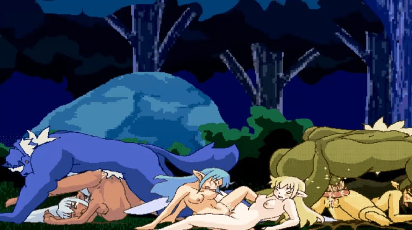 2boys 4girls abdomen anal_sex animated bigger_male black_hair blonde_hair blue_fur blue_hair fairy_fighting forest_background green_fur huge_cock lesbian_sex multiple_girls orgy outside_sex rape rough_sex smaller_female tiki_(fairy_fighting) vaginal_sex werewolf white_hair