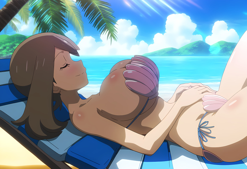 1girls accurate_art_style ai_generated alluring beach big_breasts bikini blue_sky brown_hair cleavage closed_eyes may_(pokemon) mayday_(artist) nintendo ocean pokemon pokemon_rse_(anime) seashell_bra seashell_pasties shell_bikini