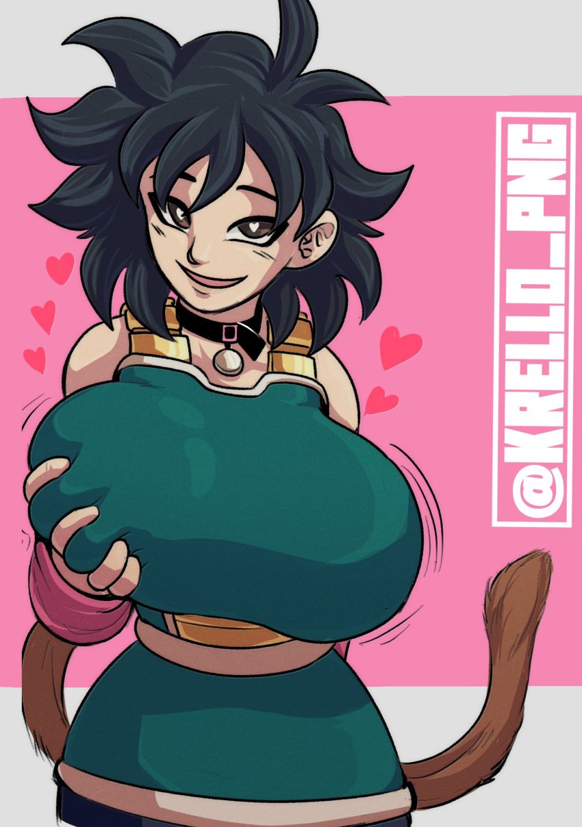 1girls big_breasts black_hair breast_grab breasts breasts_bigger_than_head dragon_ball dragon_ball_super female female_only female_saiyan gine grabbing_own_breast heart-shaped_pupils huge_breasts krello_after_dark large_breasts looking_at_viewer milf mother saiyan saiyan_armor saiyan_tail tail