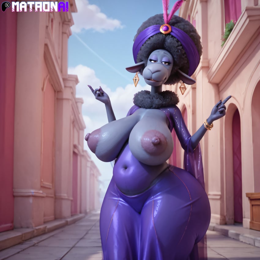 4k ai_generated anthro areolae breasts female gilf highres illumination_entertainment matronai_(artist) mature mature_anthro mature_female mature_woman nana_noodleman nipples patreon pinup sagging_breasts sheep sing_(movie) stable_diffusion