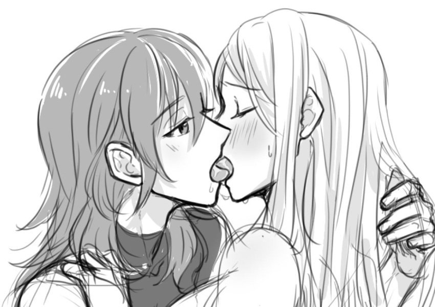 1girls 2girls blush byleth_(female)_(fire_emblem) byleth_(fire_emblem) closed_eyes commentary_request edelgard_von_hresvelg female female_only fire_emblem fire_emblem:_three_houses french_kiss greyscale hand_in_another's_hair hand_on_another's_shoulder kissing long_hair looking_at_another monochrome multiple_girls nintendo riromomo saliva tongue tongue_out upper_body yuri