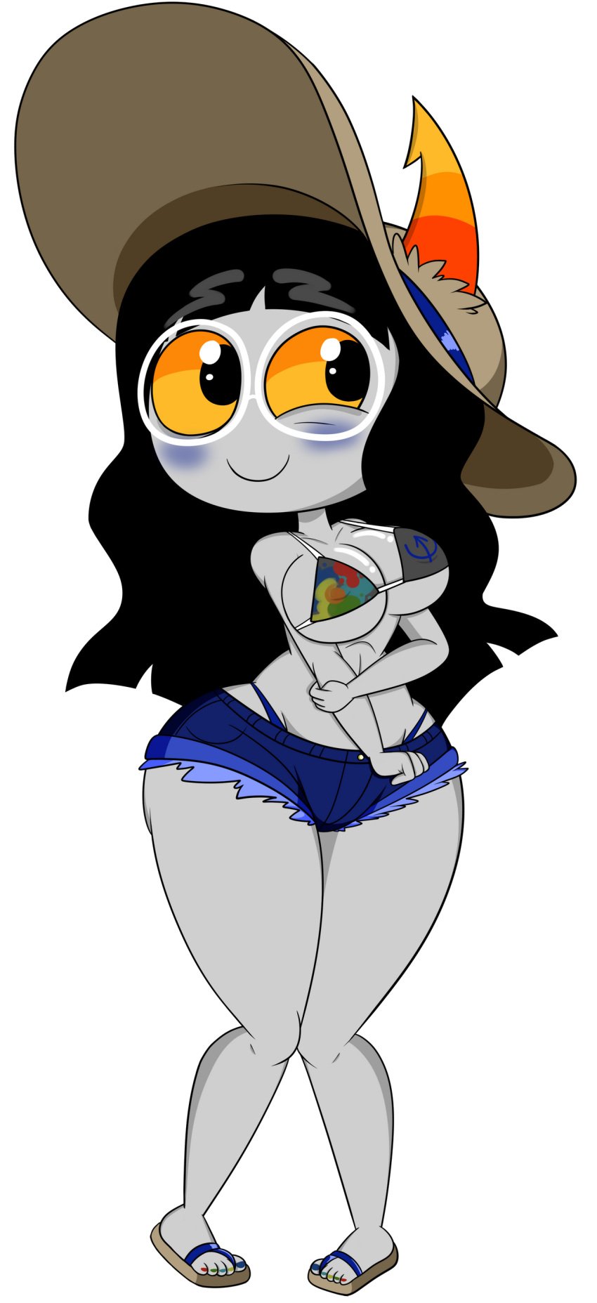 aged_up amisia_erdehn beach_hat bikini_top black_hair blush breasts clothing cloudcyanide femele full_body glasses grey_skin hips hiveswap honrs long_hair ms_paint_adventures sandals shorts smile thick_thighs thighs troll wide_hips