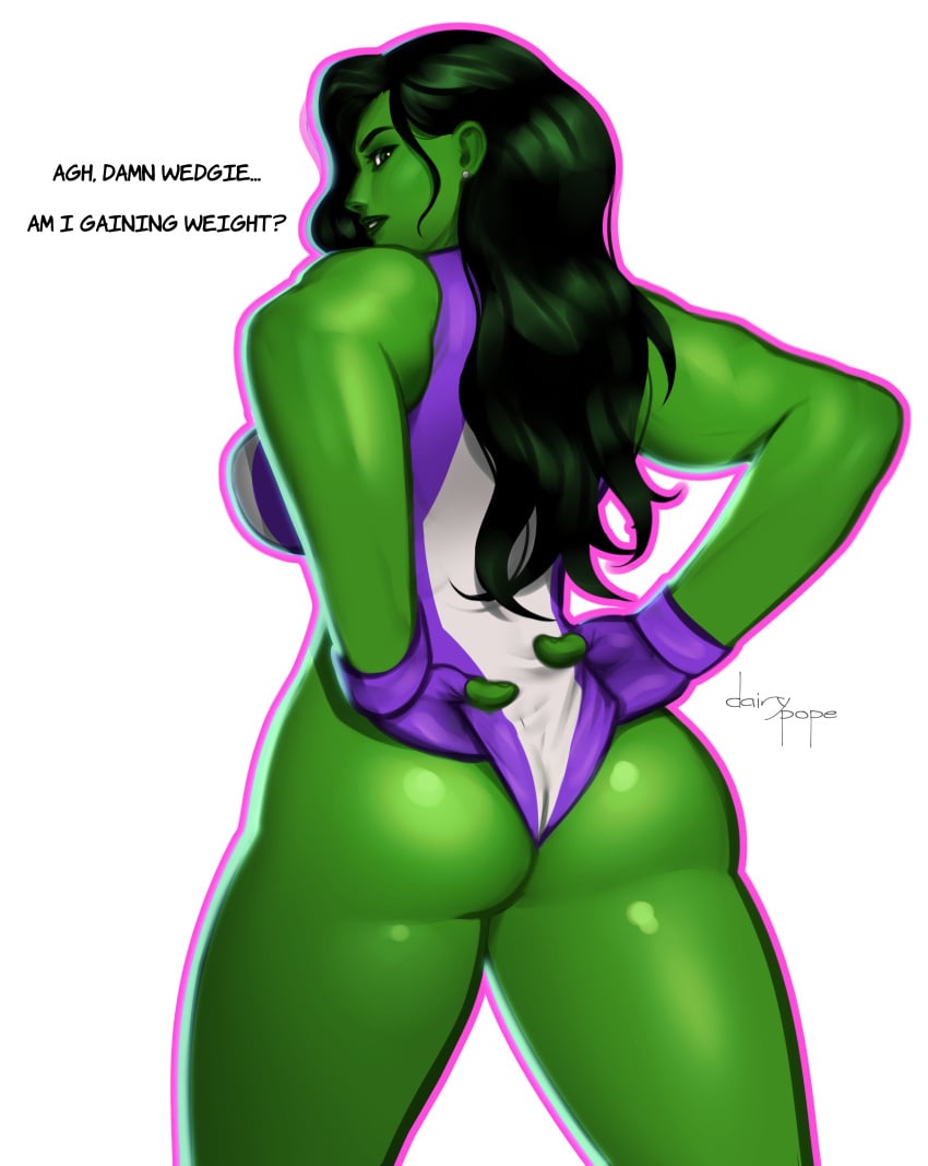 1girls artist_name ass back_view big_ass bubble_butt dat_ass dialogue english_text female female_only green-skinned_female green_body green_hair green_skin highleg_leotard hulk_(series) leotard looking_at_viewer looking_back marvel marvel_comics muscular muscular_female pope_of_dairy rear_view she-hulk solo superheroine text wedgie white_background