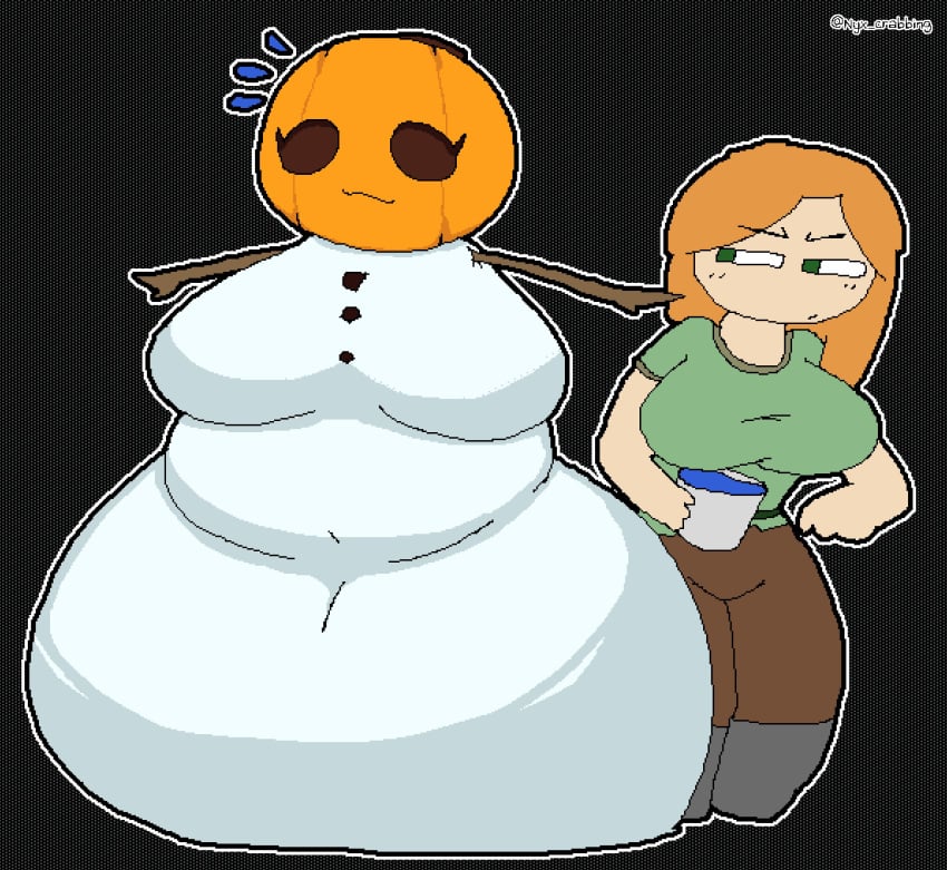 2girls :3 alex_(minecraft) belly breasts chubby chubby_female fat female female_focus female_only green_eyes hips jack-o'-lantern large_breasts minecraft mojang nyx_crabbing pumpkin pumpkin_head snow snow_golem sticks stomach thick_thighs thighs wide_hips