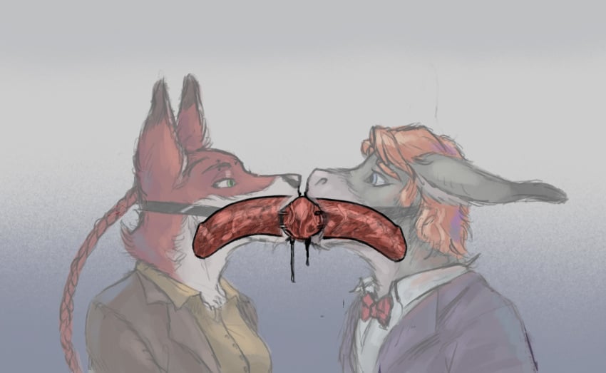 absurd_res anthro asinus bodily_fluids bondage bound bound_together bow_tie canid canine clothing cobondage cock_gag donkey drooling duo embarrassed equid equine eyebrow_piercing eyebrow_ring facial_piercing fox fur gag gagged grey_body grey_fur gynomorph hair hi_res humanoid hybrid intersex intersex/male looking_at_another looking_at_partner looking_pleasured main_bladewing male mammal maude_richards maya_bladewing medieval_clothing mule nervous orange_hair painting_(artwork) piercing purple_clothing red_body red_fox red_hair ring_piercing saliva submissive_male traditional_media_(artwork) true_fox xray_view