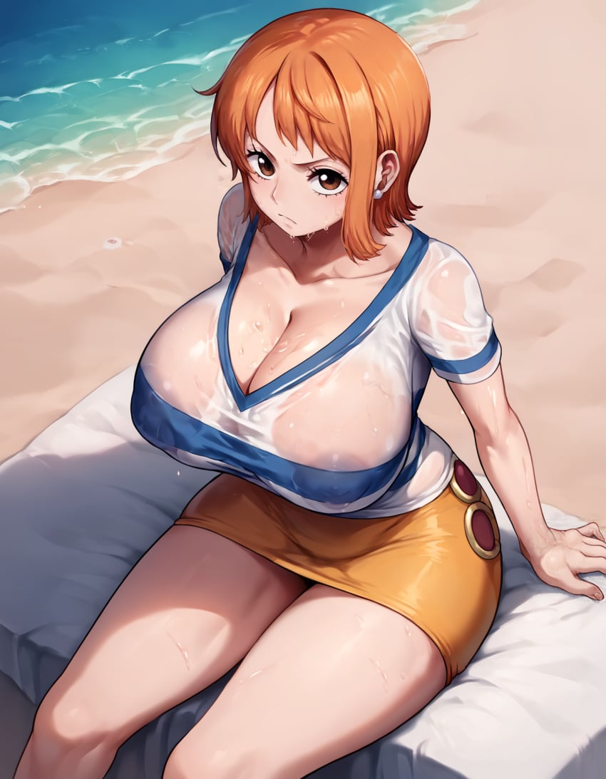 1girls ai_generated angry beach breasts brown_eyes female female_only from_above goonedoutp3rv huge_breasts looking_at_viewer nami nami_(one_piece) nipples ocean one_piece orange_hair pout see-through see-through_clothing shirt short_hair sitting skirt solo striped_shirt wet wet_clothes