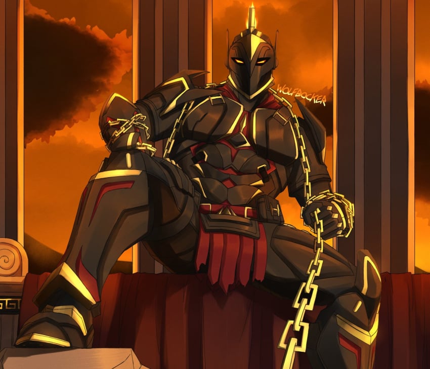 1boy ares ares_(fortnite) armor armored armored_male chains faceless_male fortnite fortnite:_battle_royale glowing_eyes helmet knight loincloth looking_at_viewer looking_down_at_viewer muscular_male solo thighs viewer_on_leash wolfbocker yellow_eyes