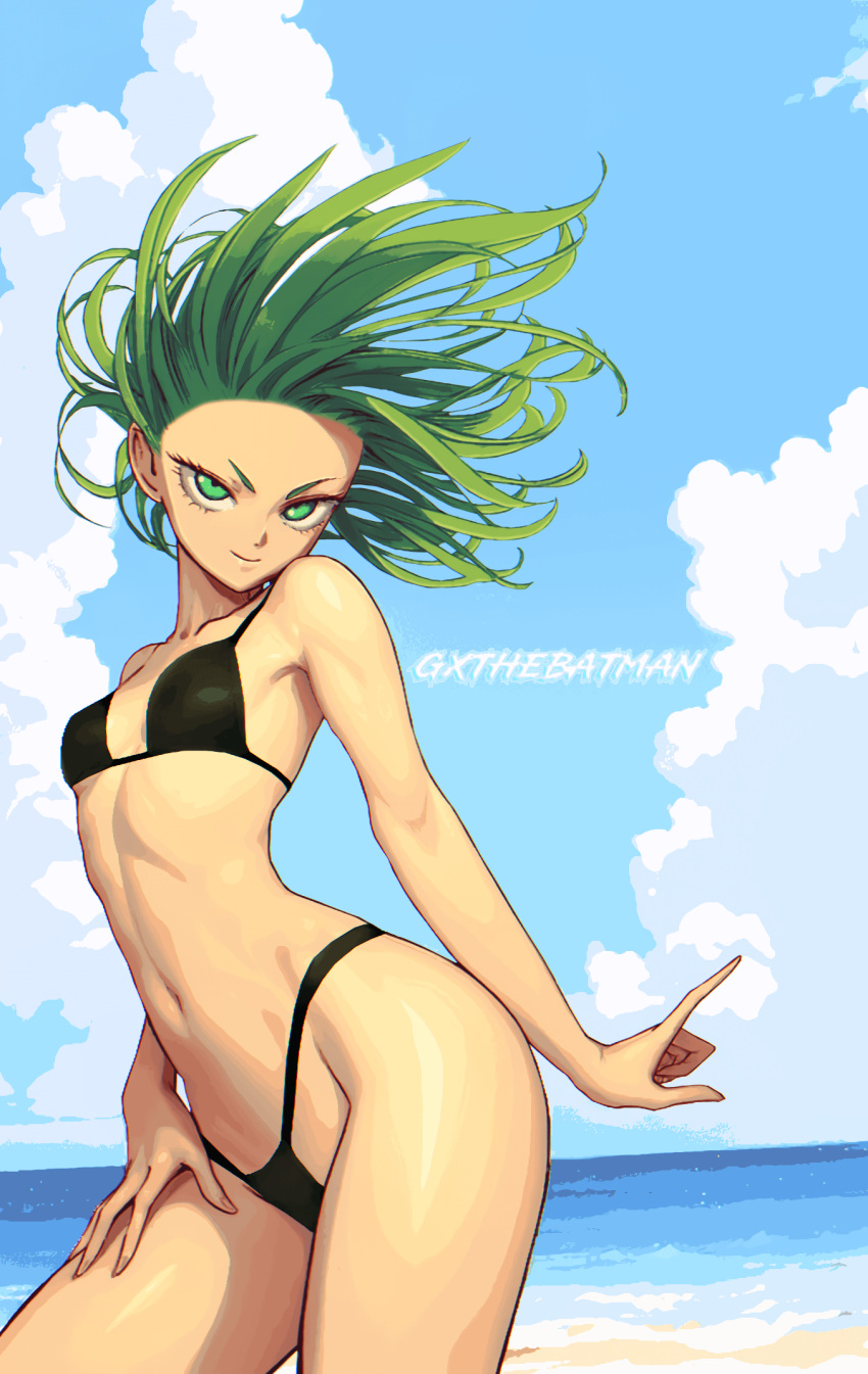 1girls ass beach bikini black_bikini clothed cloud colored edit female female_only green_hair hair_blowing hi_res light-skinned_female looking_at_viewer murata_yuusuke official_art one-punch_man petite sky small_breasts smile solo tatsumaki