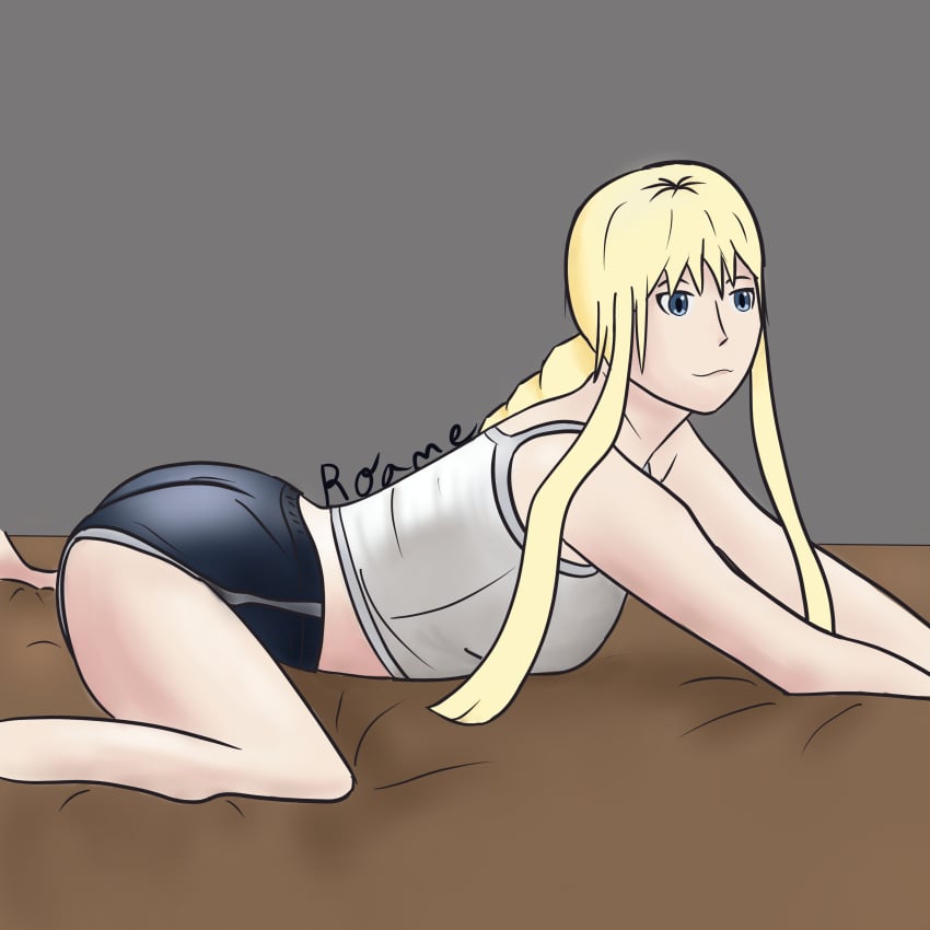 alice_schuberg alice_synthesis_thirty ass ass_up bed blue_eyes booty_shorts solo sword_art_online sword_art_online_alicization tank_top yellow_hair