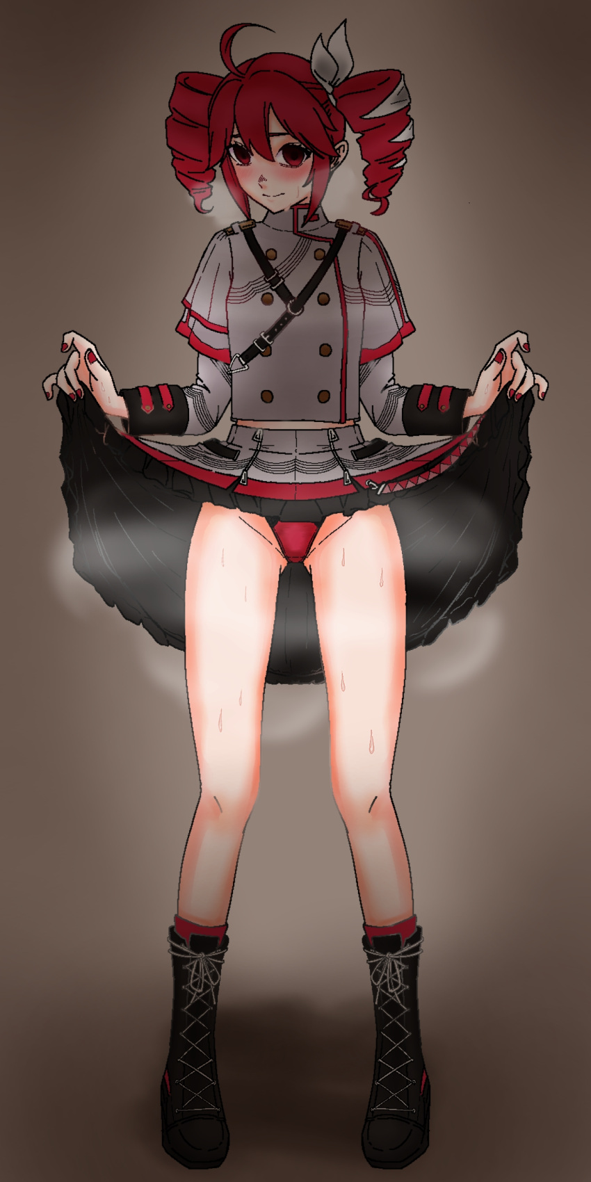 drill_hair embarrassed kasane_teto kasane_teto_(sv) panties red_eyes red_hair skirt_lift synthesizer_v utau