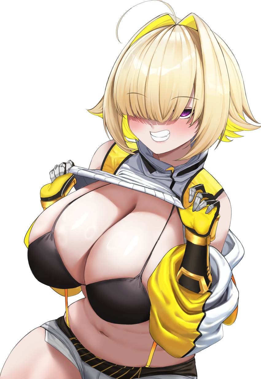 absurdres ahoge black_bra blonde_hair bra breasts cleavage clothes_lift colored_inner_hair elegg_(nikke) exposed_pocket female gloves goddess_of_victory:_nikke grey_shorts grin hair_intakes hair_over_eyes hands_up highres huge_breasts lifted_by_self long_sleeves micro_shorts mikkom multicolored_hair navel one_eye_covered plump purple_eyes shorts simple_background smile solo suspender_shorts suspenders sweater sweater_lift two-tone_hair underwear white_background white_sweater