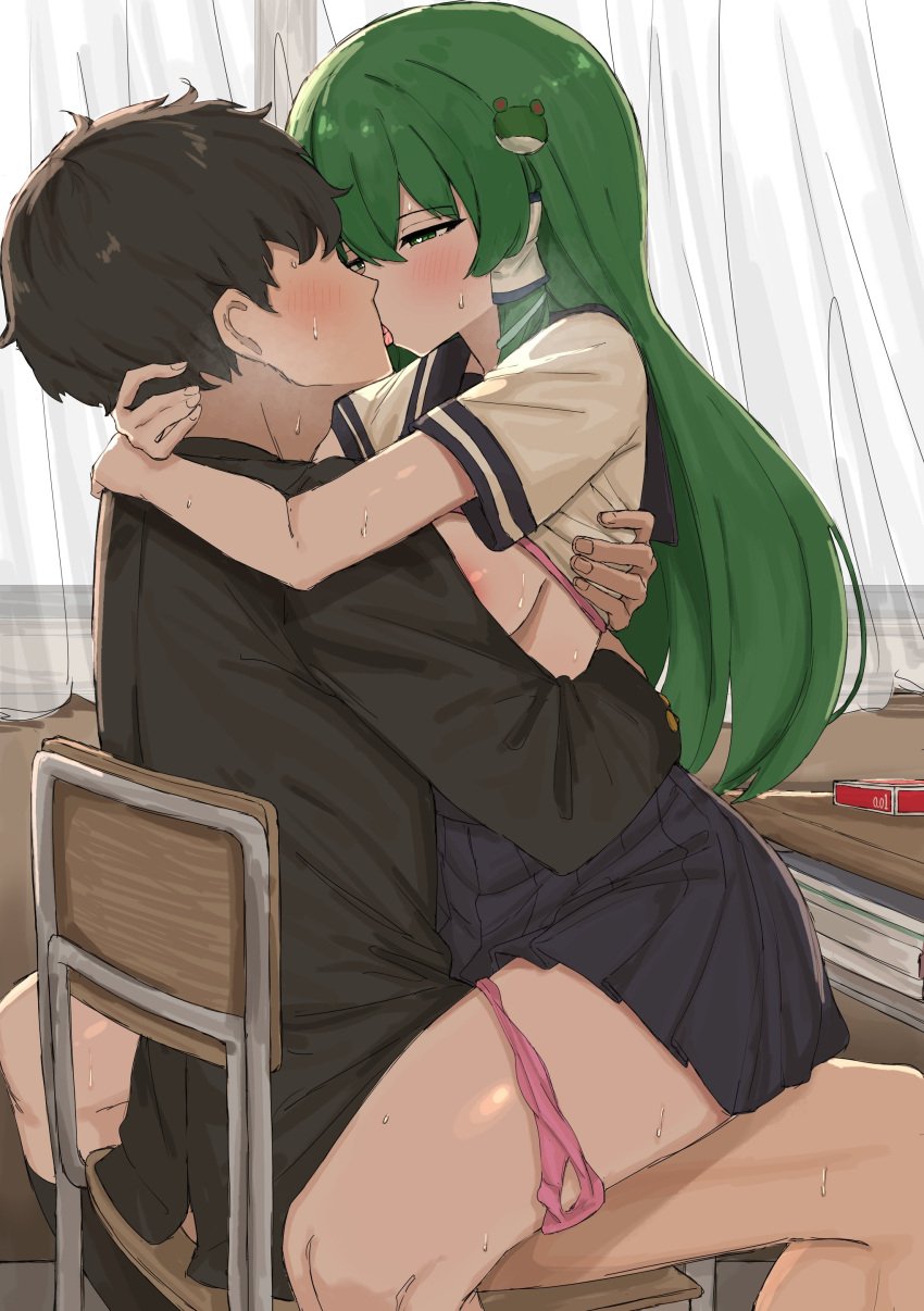 1boy 1girls absurd_res absurdres areola_slip aroused black_hair blue_skirt blush bodsur breasts_out chair classroom clothed_sex clothes_lift condom_box cowgirl_position curtains desk faceless faceless_male female french_kiss frog_hair_ornament gakuran green_eyes green_hair hair_ornament hair_tubes half-closed_eyes heart heart-shaped_pupils heavy_breathing hi_res highres hug implied_penetration indoors kissing kissing_while_penetrated kochiya_sanae kumiyabe light-skinned_female light_skin long_hair looking_pleasured male no_panties panties panties_around_one_leg pink_panties pleated_skirt public_indecency sanae_kochiya school_chair school_desk school_uniform sex shirt shirt_lift short_hair sitting skirt straddling straight symbol-shaped_pupils tongue touhou underwear upright_straddle vaginal_penetration white_shirt