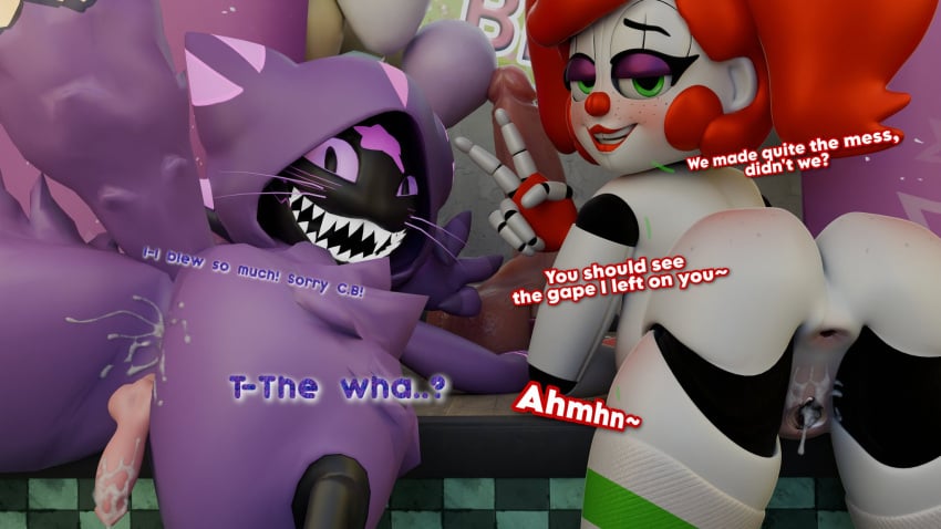 1boy 1girls 1male 3d animatronic anthro baby_(fnafsl) circus_baby circus_baby_(fnaf) clown clown_girl cum cum_dripping cum_dripping_from_ass cum_dripping_from_pussy cum_on_penis dialog duo english english_dialogue english_text felid feline female femboy_on_female five_nights_at_freddy's five_nights_at_freddy's:_sister_location green_eyes jordevoir male oc original_character red_hair soniclux striped_socks text thigh_high_socks thigh_socks twintails twitter_sample