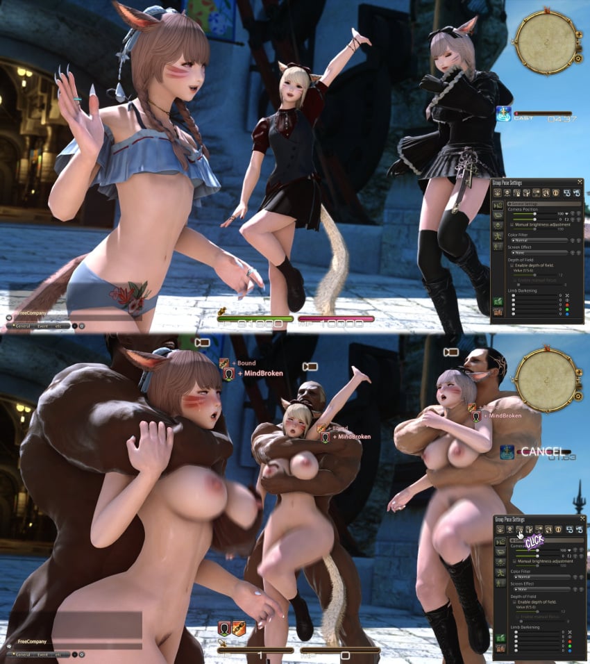 2koma 3d 3girls before_and_after blush breasts cat_ears cat_tail catgirl dark-skinned_male dark_skin debuff domination english female final_fantasy final_fantasy_xiv forced from_behind from_behind_position fucked_senseless fucked_silly game_mechanics game_ui gameplay_mechanics gpose(ffxiv) grabbing grabbing_from_behind groping group helpless hud instant_loss instant_loss_2koma interracial kawaii_awww miqo'te muscular_male naked_female nude rape status_effect tagme thug time_stop