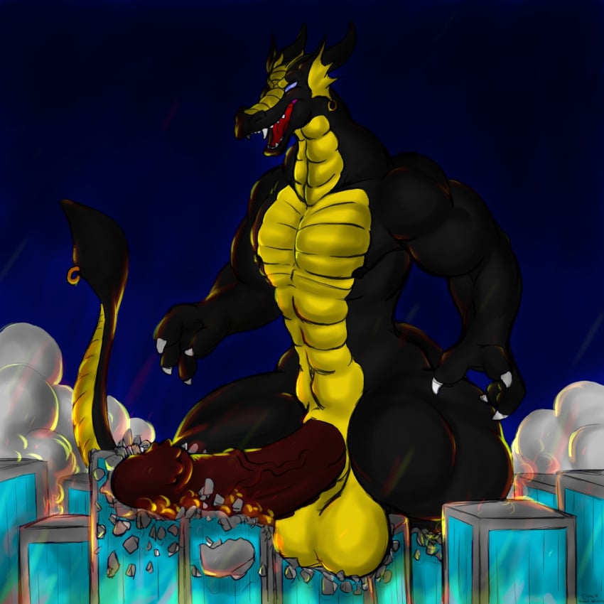 1:1 balls bess-dr bess_project bigshow building_sex destruction dragon fire furgonomics furry furry-specific_piercing genitals hi_res hyper issac macro male male_only muscular penis piercing smoke tail_piercing