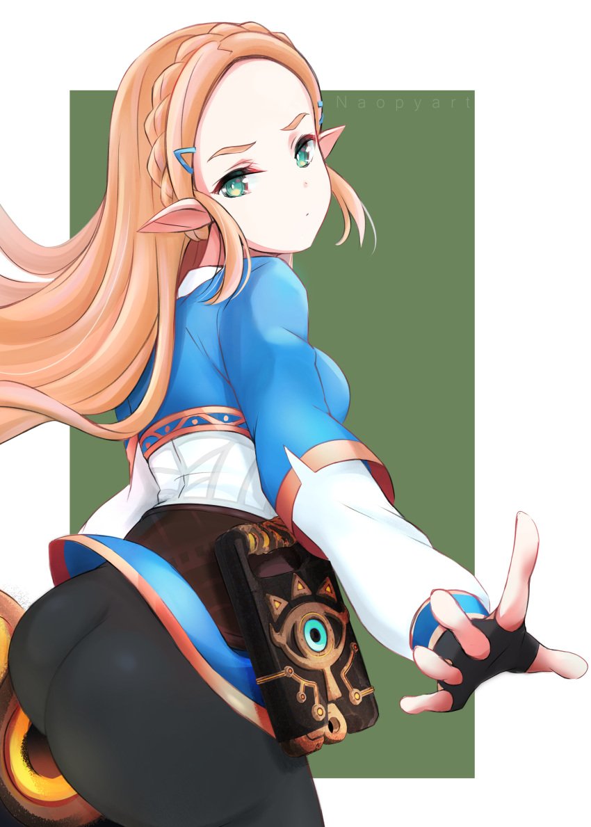 blonde_hair breath_of_the_wild dat_ass female from_behind green_eyes huge_ass large_breasts long_hair looking_at_viewer naopyart princess_zelda serious sideboob teenager the_legend_of_zelda the_legend_of_zelda:_breath_of_the_wild tight_pants zelda_(breath_of_the_wild)