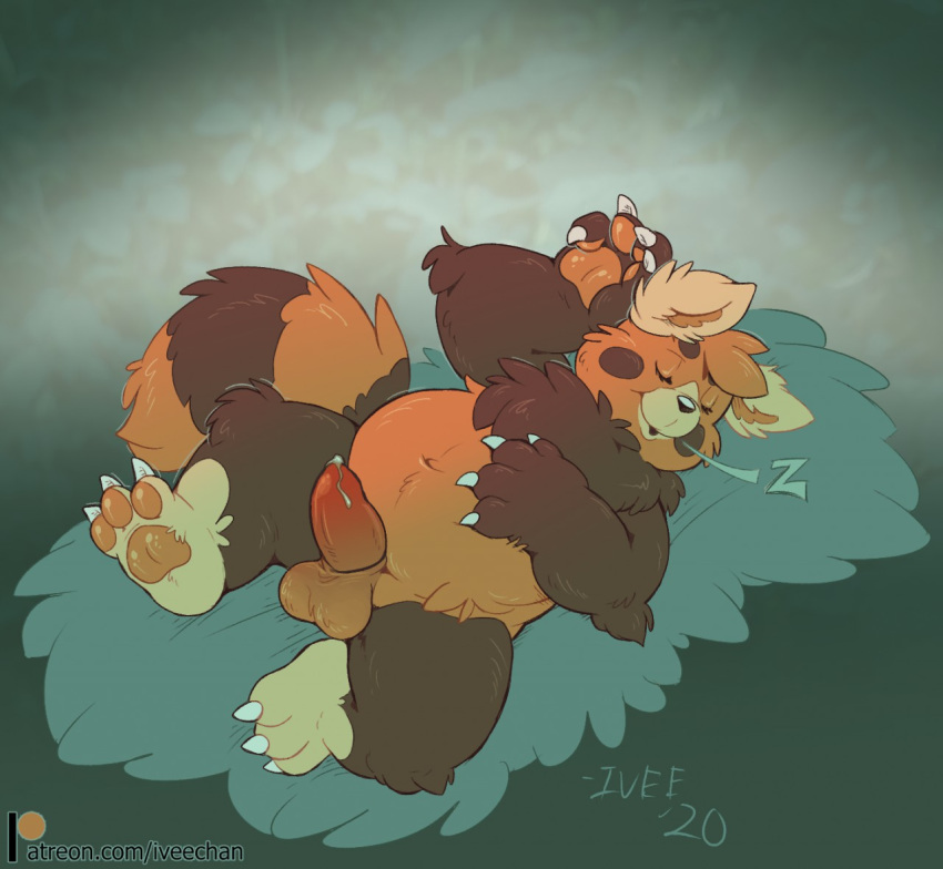 1boy 2020 abstract_background alternate_color anthro anthrofied ass bed bewear big_belly bodily_fluids brown_body brown_fur cheek_spots chubby claws dripping exposed facial_markings feet fur furniture furry genital_fluids head_markings head_tuft iveechan male male_only mammal markings navel neck_tuft nintendo orange_body orange_fur orange_pawpads orange_penis original_character overweight overweight_male patreon pawpads paws penis pokémon_(species) pokemon pokemon_sm precum shiny_bewear shiny_pokémon shiny_pokemon signature sleeping solo striped_tail stripes tan_body tan_fur tapering_penis testicles text thick_thighs toe_claws tuft ursid ursine video_games watermark wide_hips