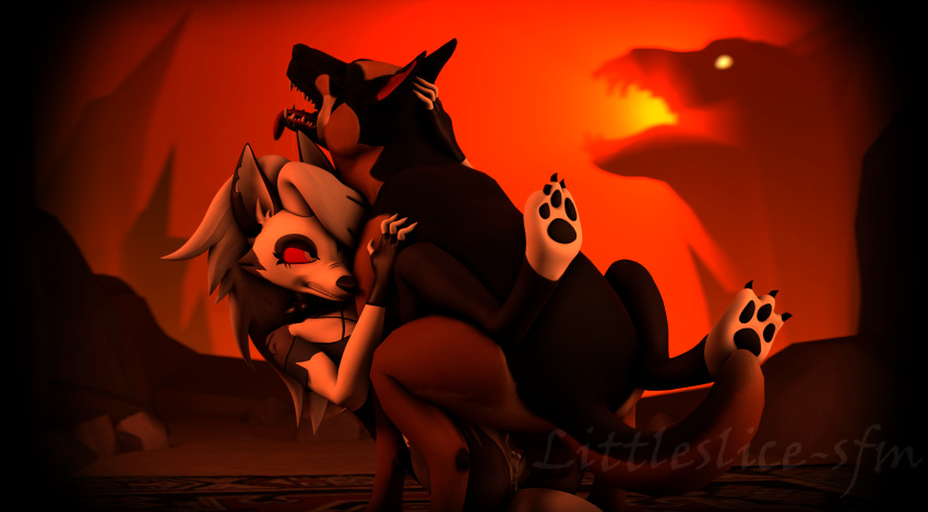 1boy 1girls 3d absurd_res anthro anthro_on_feral anvil_position bodily_fluids canid canid_demon canine cum cum_in_pussy cum_inside demon duo female feral genital_fluids hellhound helluva_boss hi_res knotting legs_up littleslice-sfm loona_(helluva_boss) male mammal penetration questionable_consent sex straight vaginal_knotting vaginal_penetration vivienne_medrano zoophilia