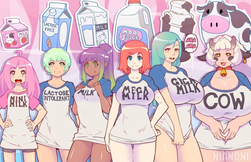 +_+ 2019 6+girls 6girls aqua_hair ara_ara artist_name azwiba bangs bell bell_collar big_breasts blue_eyes blunt_bangs blush bottle bottomless bovine breast_suppress breasts bust_chart cleavage clothed clothed_female clothes_writing collar cow_ears cow_girl cow_horns cowboy_shot curvy dark_skin eyebrows_visible_through_hair female female_only flat_chest giga_milk gigantic_breasts gradient_hair green_eyes green_hair hand_on_chest hand_on_hip heart heart-shaped_pupils highres horns huge_breasts large_breasts long_hair looking_at_another looking_at_viewer matching_hair/eyes medium_breasts medium_hair mega_milk meme milk milk_bottle milk_carton mini_milk multicolored_hair multiple_girls naked_shirt niandni no_panties open_mouth orange_eyes orange_hair original partially_clothed personification photo pink_eyes pink_hair ponytail print_shirt purple_hair raglan_sleeves shirt short_hair short_sleeves sidelocks small_breasts smile speech_bubble standing star star-shaped_pupils symbol-shaped_pupils t-shirt thick_thighs thighs v_arms white_hair wide_hips young