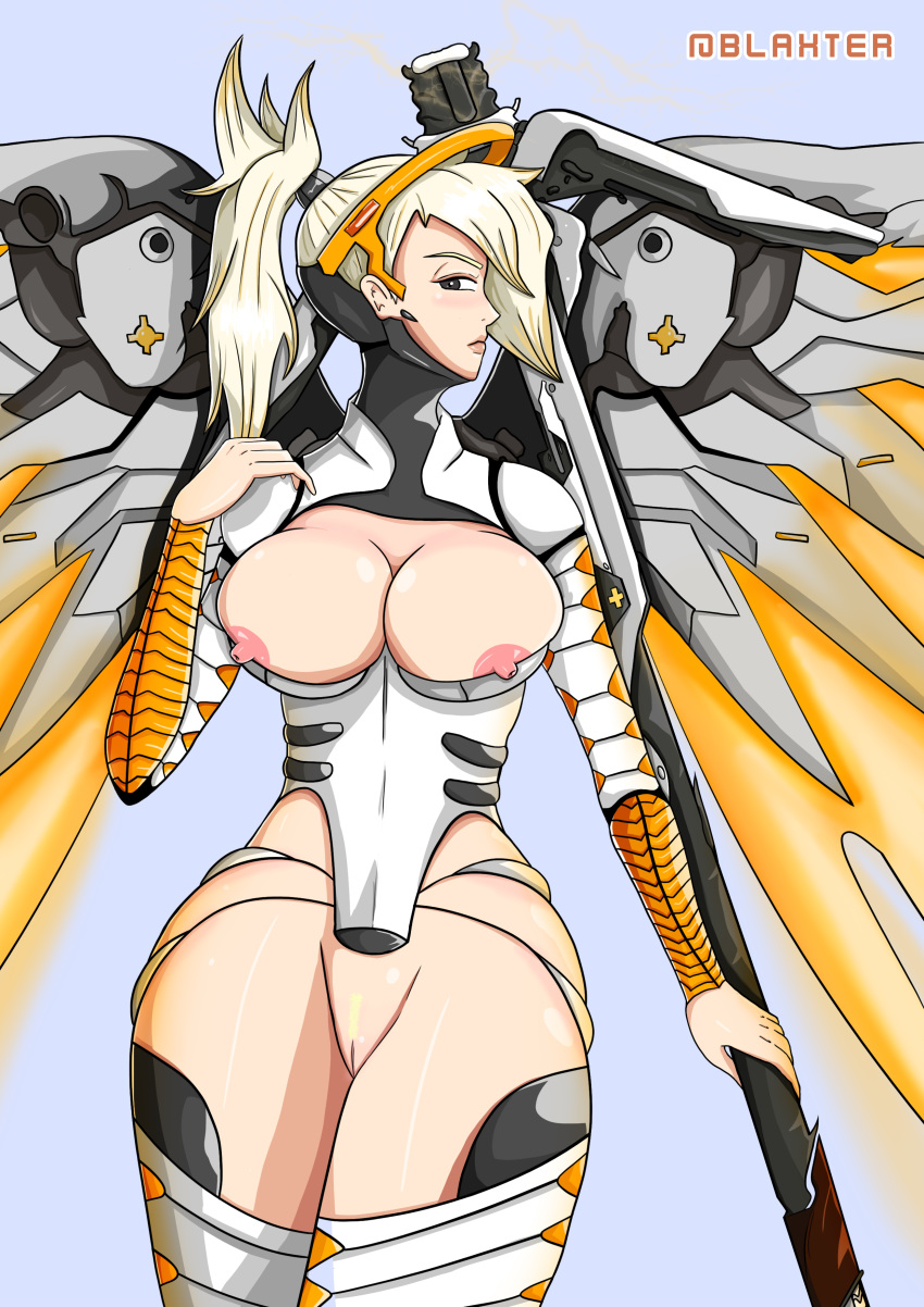 1girls artist_request bikini_armor blaxter blonde_hair blonde_pubic_hair breasts female female_only female_pubic_hair large_breasts mercy nipples overwatch pubic_hair pussy staff vagina video_games