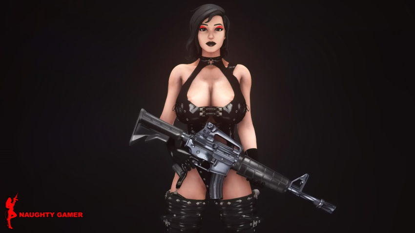 1girls 3d assault_rifle black_hair brunette female female_only fortnite large_breasts latex looking_at_viewer solo sorana_(fortnite) tagme weapon