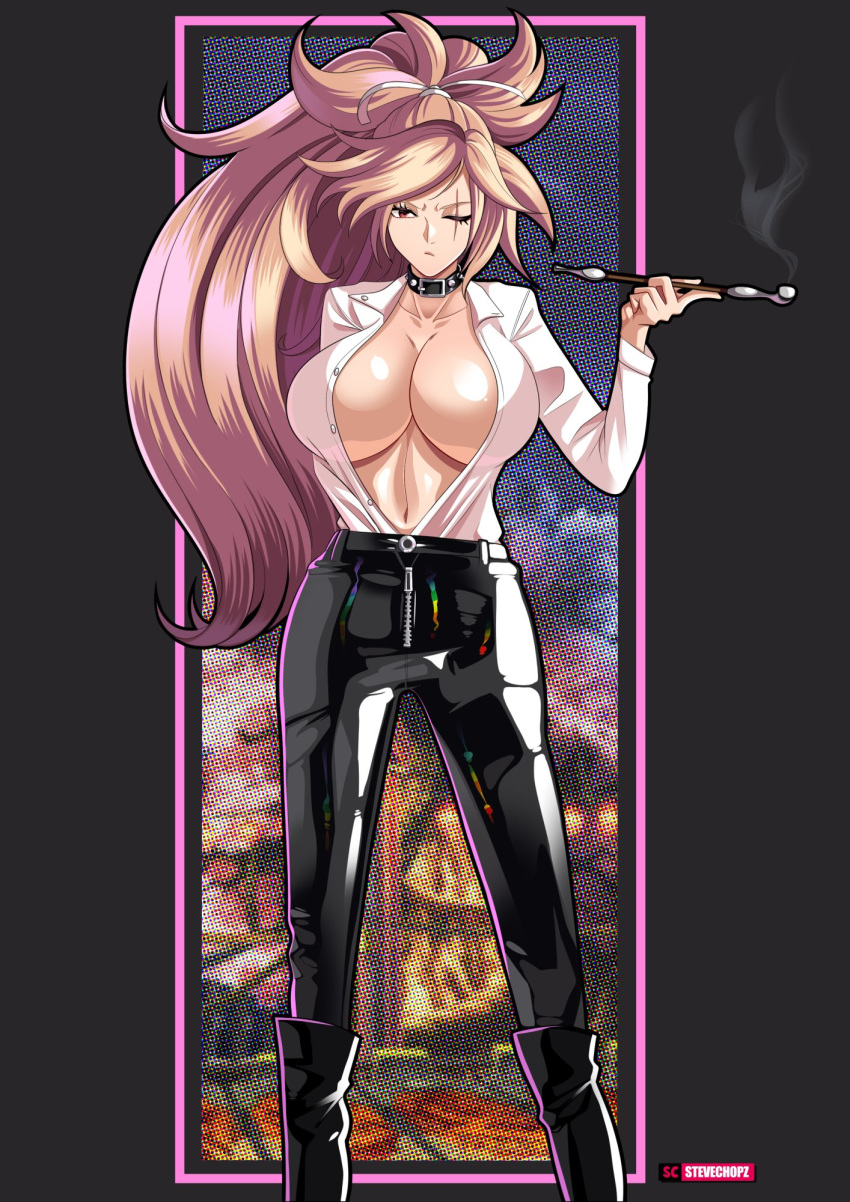 1girls baiken big_breasts breasts cleavage collar eye_scar female female_only guilty_gear hairband kiseru large_breasts long_hair looking_at_viewer open_mouth pants pipe ponytail scar shiny_clothes smoking smoking_pipe solo standing stevechopz unimpressed very_long_hair