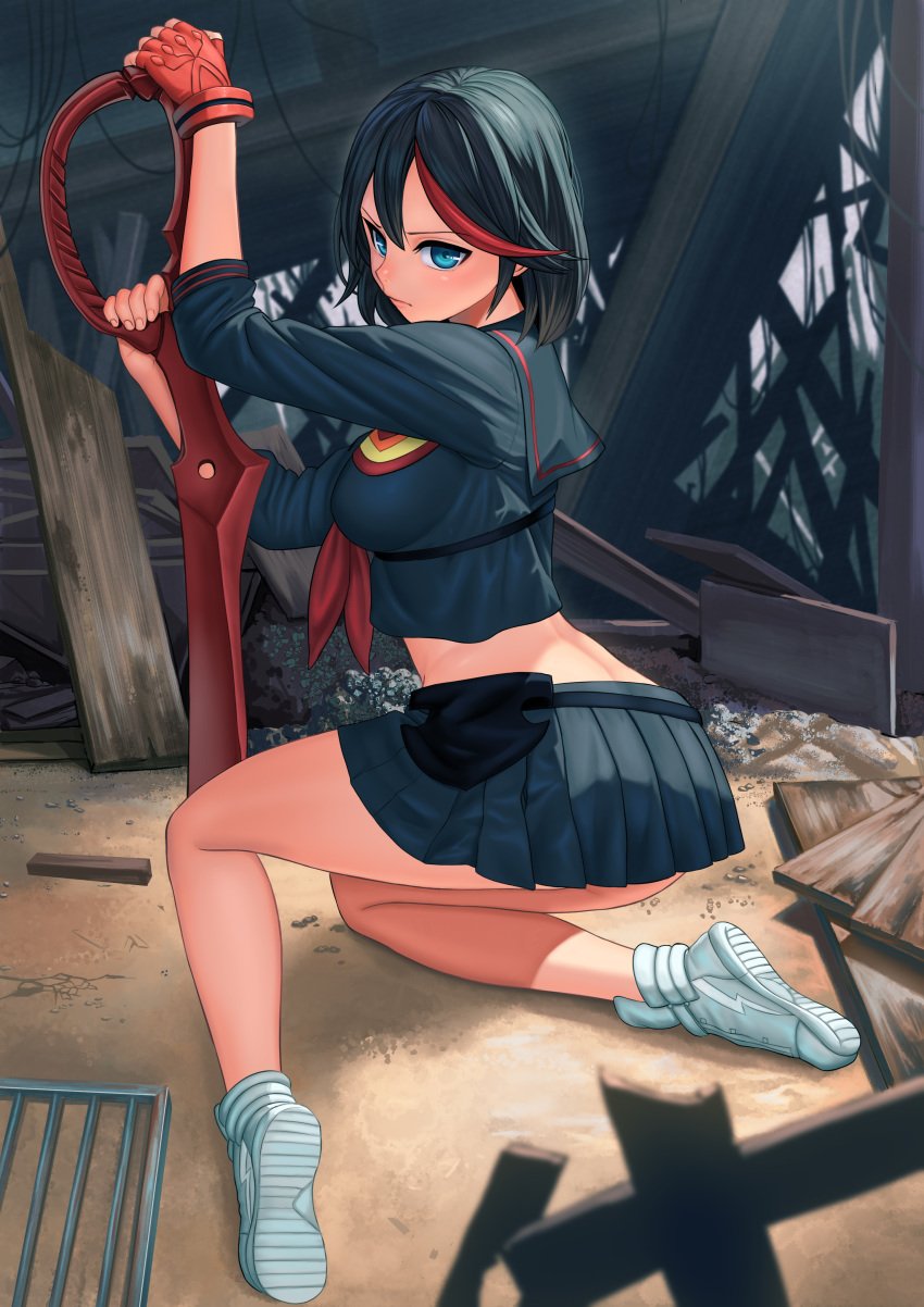 1girls ass back_view clothed clothing kill_la_kill lasterk legs looking_at_viewer matoi_ryuuko red_gloves scissor_blade scissor_blade_(kill_la_kill) senketsu solo white_shoes