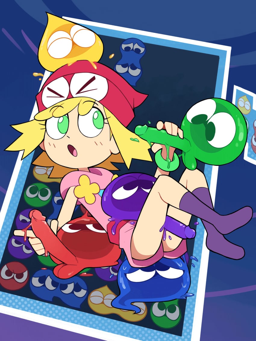 1girls :o amitie balls beanie between_legs blonde_hair cute green_eyes handjob hat miscon no_shoes penis puyo_(puyopuyo) puyo_puyo puyo_puyo_fever puyo_puyo_tetris puyo_puyo_tetris_2 shirt shorts slime socks tagme testicles thigh_sex