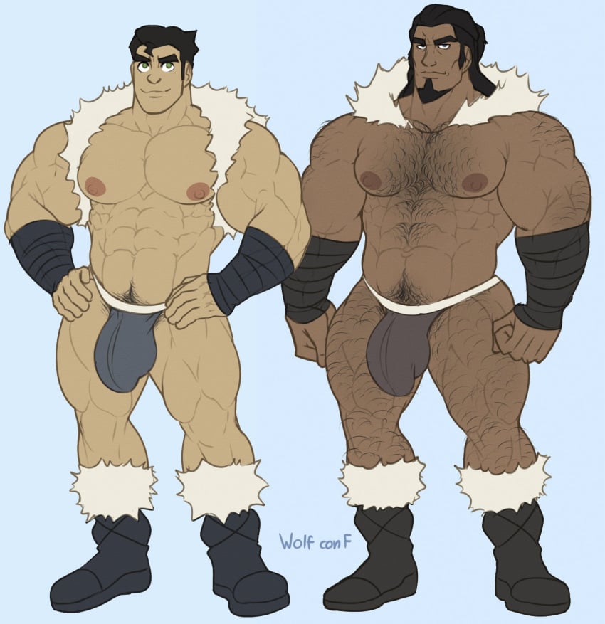 2boys artist_name avatar_legends bara body_hair bolin bulge chest_hair clothing flaccid gay jockstrap leg_hair male male_only muscular muscular_male nickelodeon nuktuk pubic_hair smooth_skin the_legend_of_korra tonraq underwear water_tribe wolf_con_f