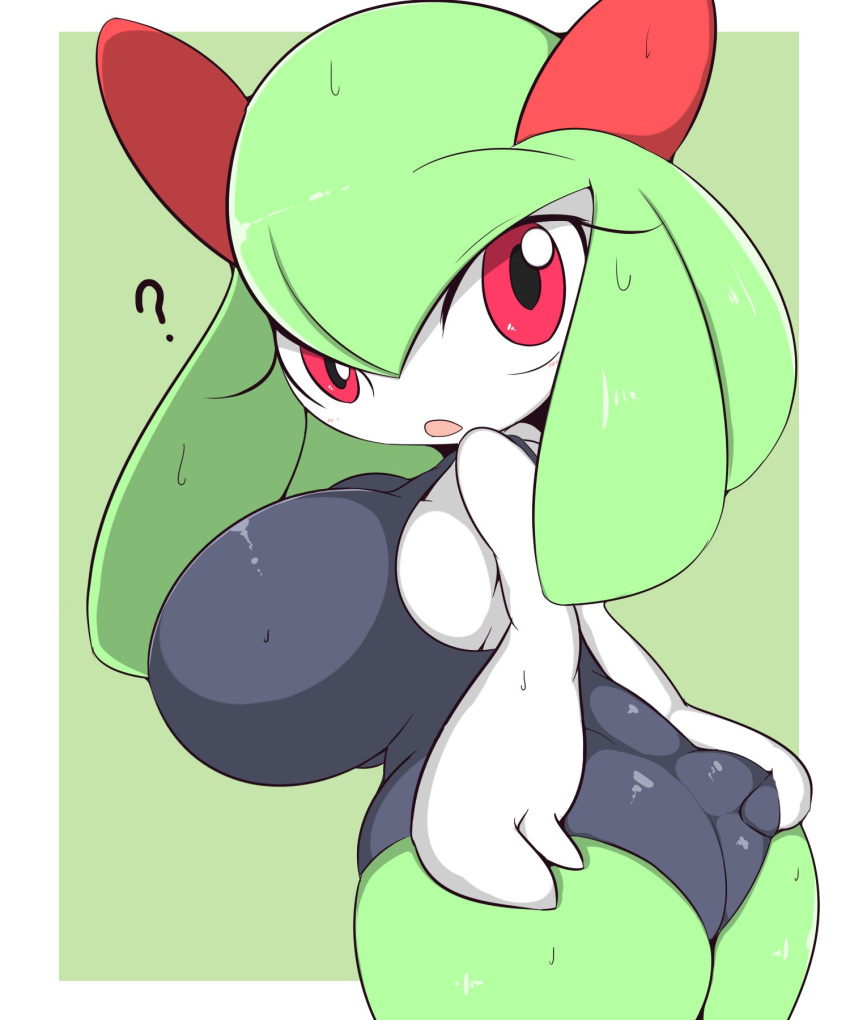 1girls ? anthro anthrofied clothed curvaceous green_hair huge_ass huge_breasts kirlia looking_back nintendo pokemon pokemon_(species) pokemon_rse red_eyes shortstack sideboob solo sugaru swimsuit thick_thighs wide_hips