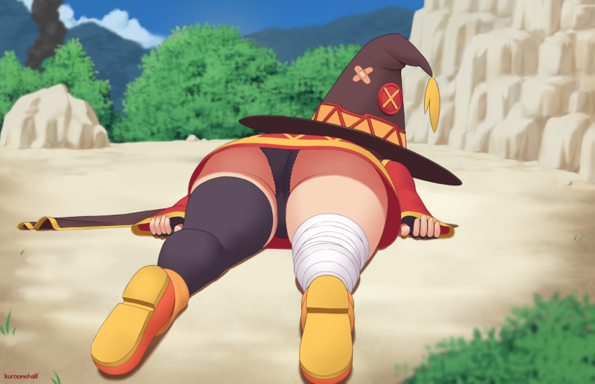 1girls 2d ass bandages big_ass black_panties clothing dat_ass huge_ass kono_subarashii_sekai_ni_shukufuku_wo! kuroonehalf laying_down laying_on_stomach legwear megumin outside panties solo upskirt witch_hat