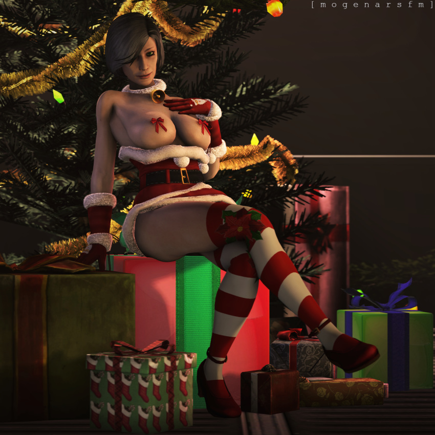 1girls 3d breasts breasts_out_of_clothes christmas_outfit christmas_tree clothed clothed_female covered_nipples dr._karin_chakwas female female_only hand_on_chest legs_crossed mass_effect mogenarsfm nipple_pasties older_female pinup santa_costume solo source_filmmaker stockings