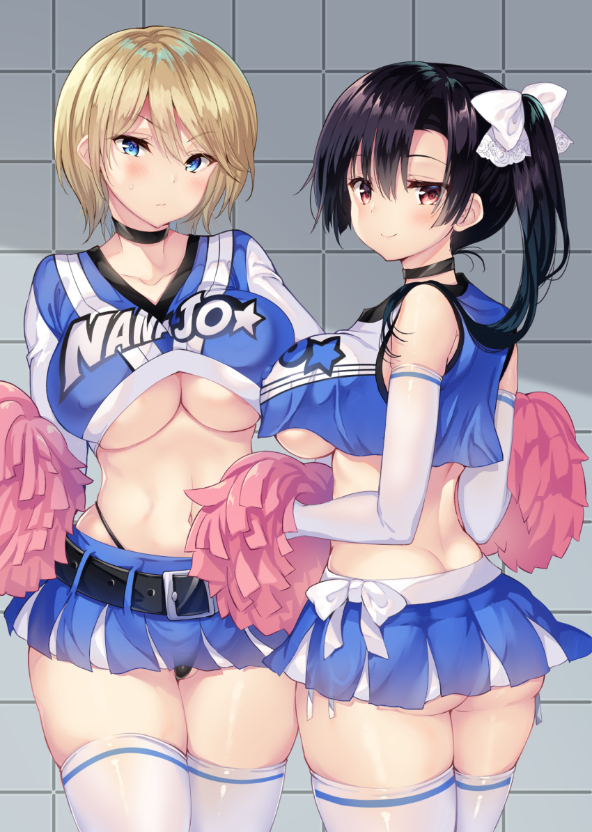 2girls ass_cleavage butt_crack cheerleader cleavage dat_ass gakkou_de_seishun! huge_ass huge_breasts indoor jinno_shiori kuwabara_hazuki long_hair looking_at_viewer pom_poms sanshoku_amido short_hair side-tie_panties sideboob smiling thong underboob whale_tail