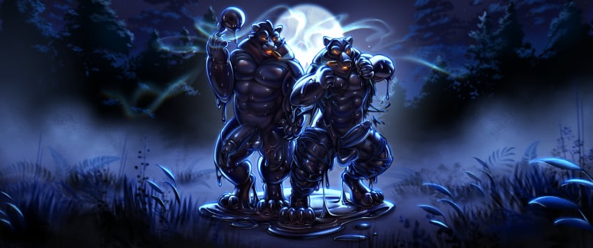 absurd_res anthro bakas0baka bear big_penis black_body bottomwear cigar cigar_smoke cigarette cigarette_in_mouth clothing dripping duo erection genitals glistening glistening_body glowing glowing_eyes grass grin grinding hi_res latex light liquid_latex male mammal moon moonlight muscular muscular_anthro muscular_male nature nature_background night object_in_mouth pants penis plant possession puddle shirt slime smile smoke smoking smoking_cigar standing thick_penis topwear torn_bottomwear torn_clothing torn_pants torn_shirt torn_topwear werecreature wereursid yellow_eyes