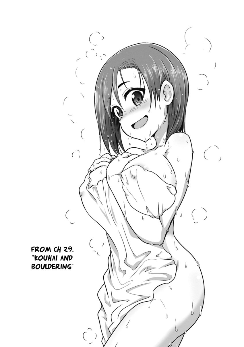 areolae areolae_slip asai_ami ass blush erect_nipples greyscale huge_breasts implied_arousal large_breasts manga monochrome official_art open_mouth smile steam take_(uzaki-chan) thighs towel uzaki-chan_wa_asobitai! wet wet_body