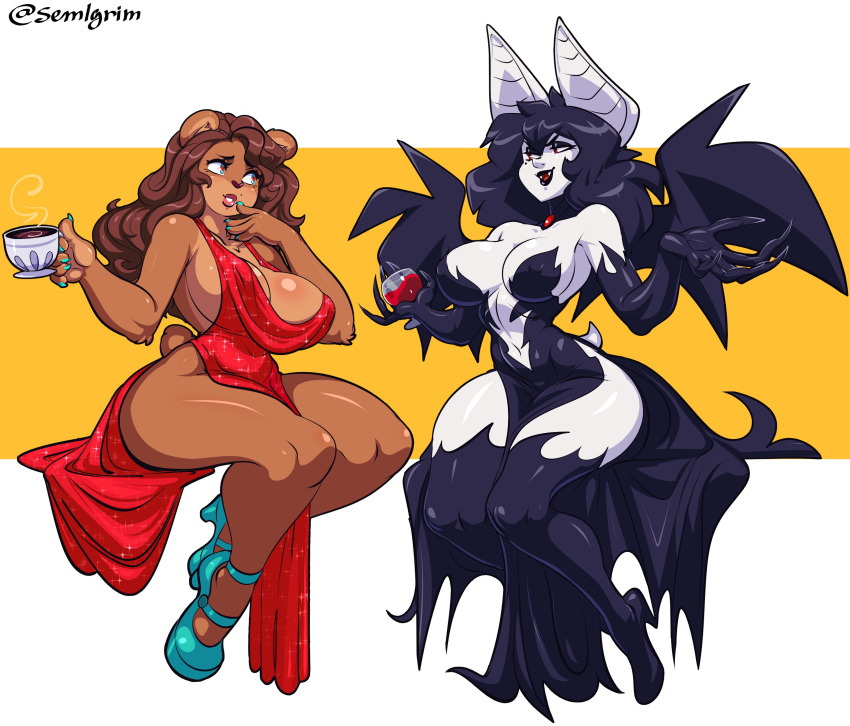 2girls anthro bat_ears bat_girl bat_wings bear_ears black_hair black_lipstick blue_eyes brown_fur brown_hair chiropteran cleavage cup dress eva_(sem-l-grim) eyeshadow fangs female female_only glass heart-shaped_pupils high_heels holding_cup holding_glass long_hair narrowed_eyes nipple_bulge pale-skinned_female pale_skin red_eyes sem-l-grim sharp_claws small_tail ursid very_high_resolution