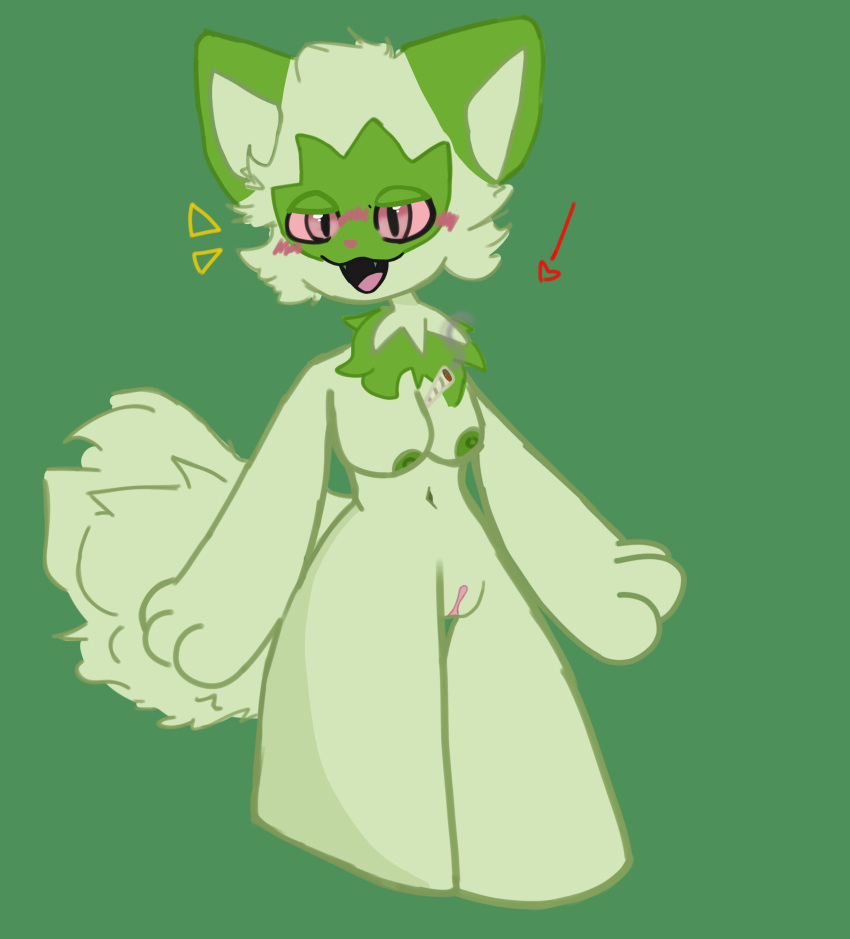 ! <3 2022 anthro anthro_only anthrofied cat_ears cat_tail catgirl feline female fur furry furry_female furry_focus furry_only game_freak green_background green_fur green_theme heart nintendo pink_eyes pokemon pokemon_(species) pokemon_sv pussy self_upload solo sprigatito tail weed xaipoo_