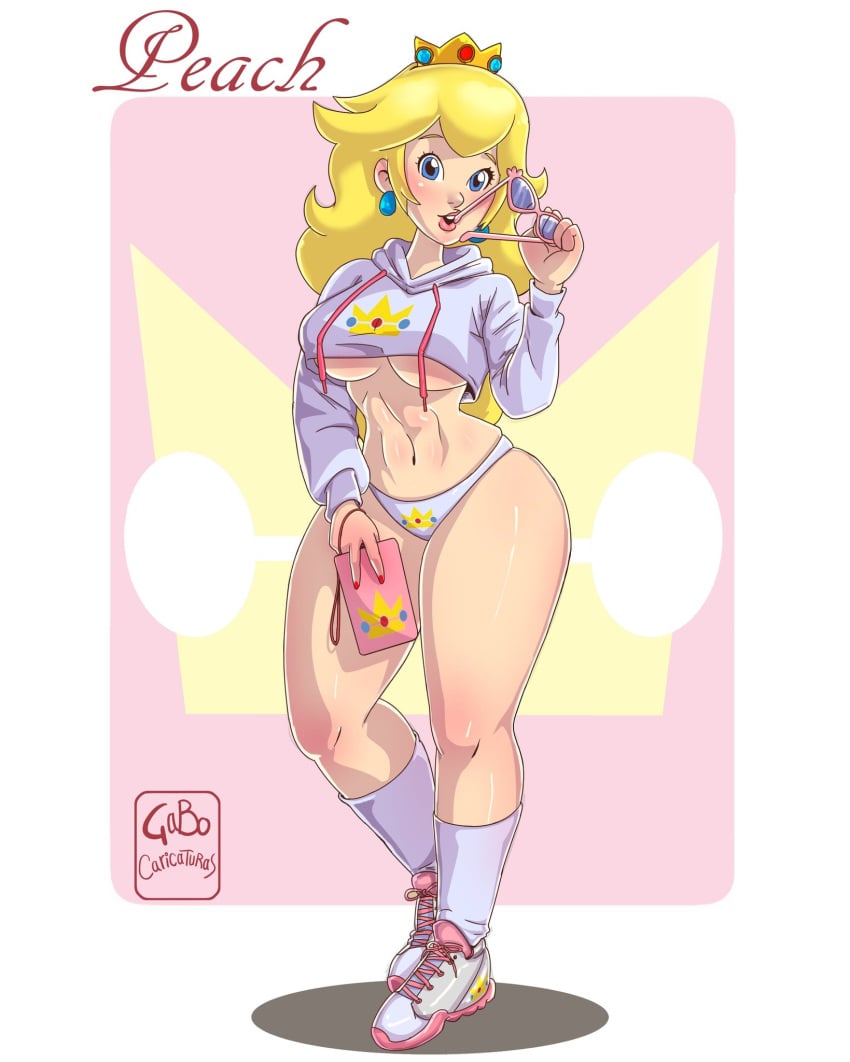 1girls artist_name blonde_hair blue_eyes breasts clothing crop_hoodie crop_top crop_top_hoodie crop_top_jacket crop_top_overhang cropped_jacket cropped_shirt croptop croptop_hoodie female female_only full_body gabocaricaturas hips legs long_hair looking_at_viewer mario_(series) nintendo princess princess_peach royalty solo standing thick_legs thick_thighs thighs underboob voluptuous watermark wide_hips