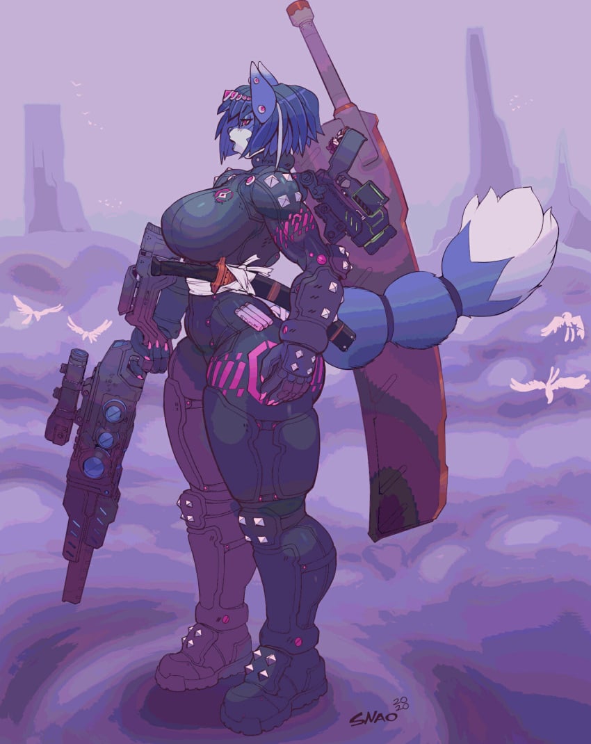 1girls alternate_costume anthro blue_hair bodysuit female fox from_side gun handgun krystal large_breasts rifle short_hair snao snout solo star_fox studded sword tail thigh_boots